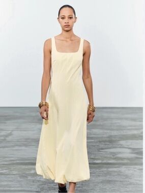 Zara Sleeveless Square-Neck Bubble Midi Dress in Butter Yellow